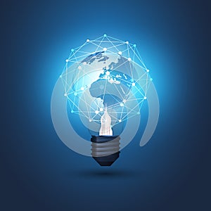 Abstract Cloud Computing, Electric and Global Network Connections Concept Design with Earth Globe Inside a Glowing Light Bulb