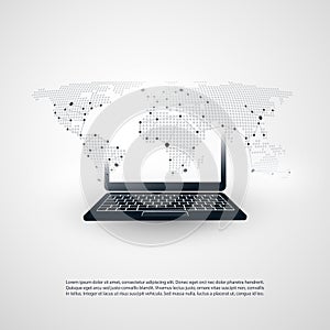 Abstract Cloud Computing, Global Network Communication Concept Design With Laptop, Wireless Mobile Device