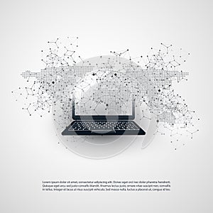 Abstract Cloud Computing and Global Network Concept Design with Laptop, Wireless Mobile Device, Transparent Spotted World Map