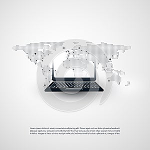 Abstract Cloud Computing and Global Network Concept Design with Laptop, Wireless Mobile Device, Transparent Spotted World Map
