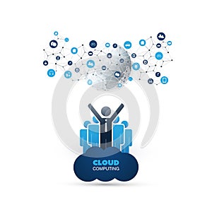 Cloud Computing Design Concept with Standing Happy Business Men and Icons - Digital Network Connections, Technology Background