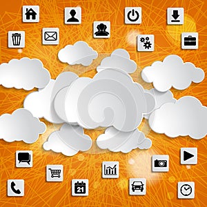 Abstract cloud computing with media icons on a striped orange ba