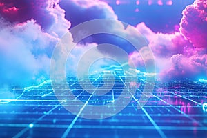 Abstract Cloud Computing Network: Digital Data Flow, Global Connection, Server Nodes, Futuristic Technology Background,