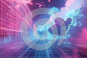 Abstract Cloud Computing Network: Digital Sky, Futuristic Technology, Global Connection, Data Flow, Server Nodes,