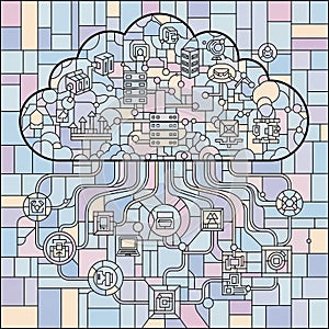 Abstract Cloud Computing Network with Interconnected Technology Icons