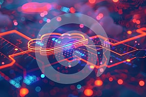 Abstract Cloud Computing Technology Background With Glowing Neon Lights, Cybersecurity, Big Data