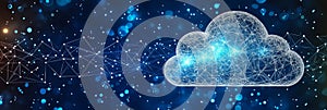 Abstract Cloud Computing Technology Background Wireframe Cloud over Blue Data Network Visualization