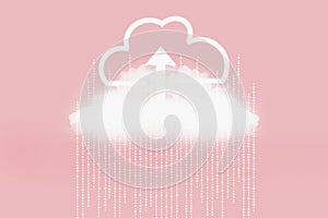 Abstract cloud computing technology,with binary code import and export data in cloud storage isolated on pink background,internet