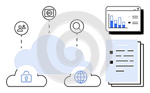 Cloud computing with data analysis, file sharing, security, and global connectivity concepts