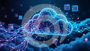 Abstract Cloud Database Visualization with 3D Floating Data Blocks and Neon Network Nodes