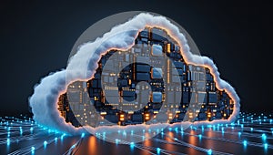 Abstract cloud with digital circuit board elements representing cloud computing and technology infrastructure