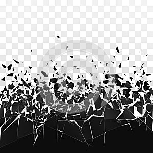 Abstract cloud of pieces and fragments after wall explosion. Shatter and destruction effect. Vector illustration on transparent