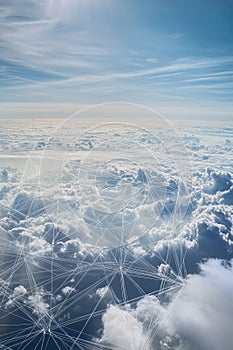 Abstract Cloudscape with Network Lines Connecting in Blue Sky