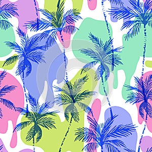 Abstract coconut trees on comic dripping blots background in pop art, graffiti style