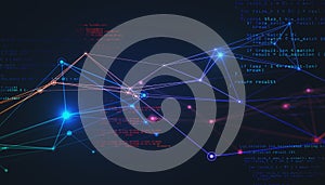 Abstract coding interface with glowing digital lines on dark background. Information, network and security concept.