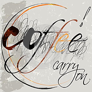 abstract coffee background, design template with word, letter, scribble, paint strokes and splashes