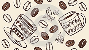 Abstract Coffee Cups & Beans Pattern, vector design Generative AI