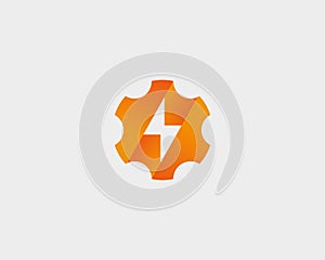 Abstract cog wheel with flash logo design template. Geometric gear fast quick thunderbolt logotype.