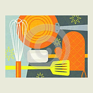 Abstract collage of cooking tools for food preparation.