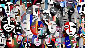 Abstract collage of different masks. Concept of information security and Internet trolls.