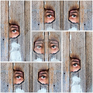 Collage of the human eye, voyeur spying through a hole in the old wooden fence photo