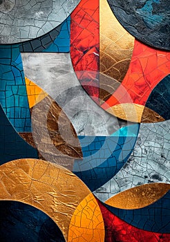 Abstract collage with metallic foil pieces, various textures, contrasting colors.