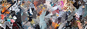 Abstract collage with metallic foil pieces, various textures, contrasting colors.