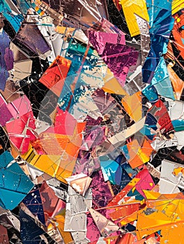 Abstract collage with metallic foil pieces, various textures, contrasting colors.