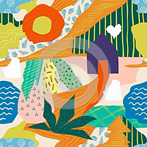 Abstract collage pattern. Seamless doodle print design, contemporary exotic summer shapes and colors. Vector hand drawn