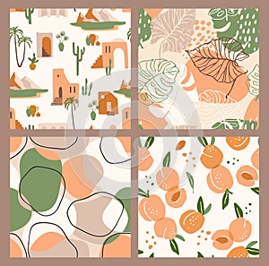 Abstract collection of seamless patterns with apricots, landscape, leaves and geometric shapes. Modern design