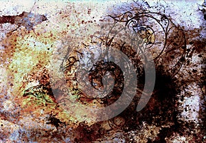 Abstract color Backgrounds, painting collage with spots, rust structure and ornaments dragon.