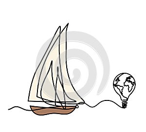 Abstract color boat with light bulb as line drawing on white