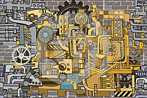 Abstract color industrial background with fictional gearwheels and details of machines