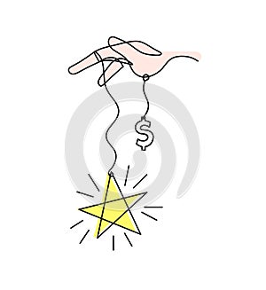 Abstract color star with hand and dollar as line drawing on white