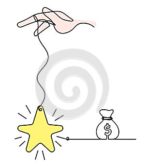 Abstract color star with hand and dollar as line drawing on white