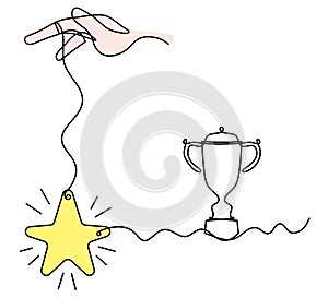 Abstract color star with hand and trophy as line drawing on white