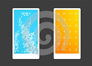 Abstract colored background with plus shapes and app icons.