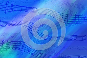 Abstract colored background on the theme of music. Background of wavy and colored stripes. Background of stylized musical notes