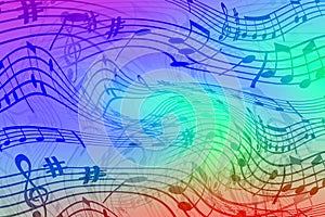 Abstract colored background on the theme of music. Background of wavy and colored stripes. Background of stylized musical notes
