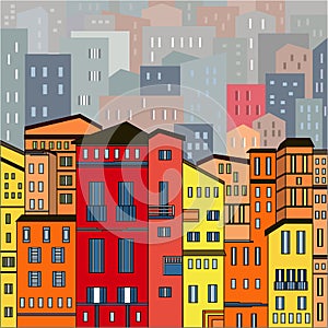 Abstract colored city view in outlines with many houses and buildings as a single piece