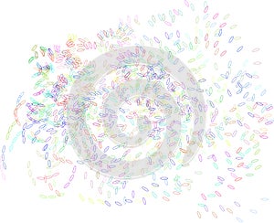 Abstract colored motion, particle or random shape pattern. Design, drawing, messy & dust.