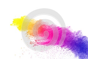 Abstract of colored powder explosion on white background. Multicolor powder splatted isolate. Colorful cloud. Colorful dust explod photo