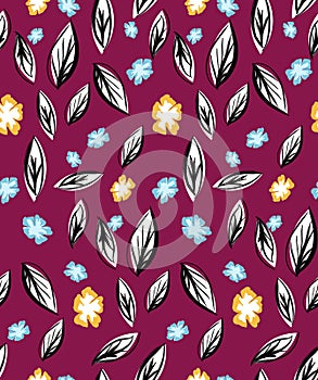 Abstract colored seamless pattern of fall, autumn leaves with flowers on dark red background. Ready for fabric, textile prints.