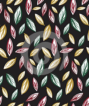 Abstract colored seamless pattern of fall, autumn leaves with flowers on dark red background. Ready for fabric, textile prints.