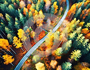 Abstract colorful above drone view of path in the middle of picturesque autumn forest on digital art concept, Generative AI