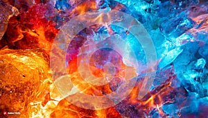 colorful abstract cold ice pieces melting in hot fire flame, blue red display background, concept, generative ai