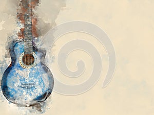 Abstract colorful Acoustic Guitar in the foreground Close up on Watercolor painting background.