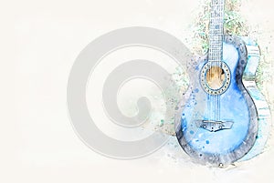 Abstract colorful acoustic guitar on watercolor illustration painting background.