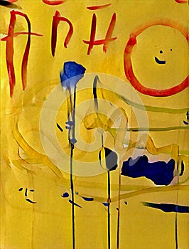 Abstract colorful acrilic painting with splash,flow down, drips, smile and lettering