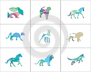 Colorful and abstract animal logos set. Lion, dog, horse, fish icons, bird and pet shop and care center illustration.